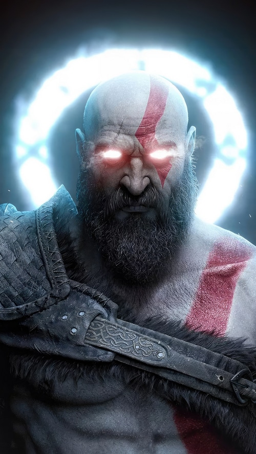 Kratos with glowing eyes and red markings