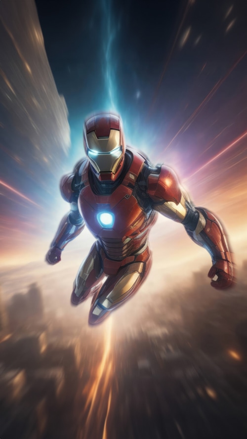Iron Man flying through a city with energy trails