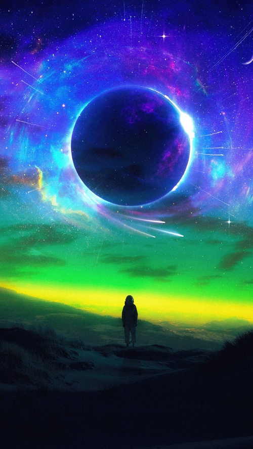 Astronaut watches a cosmic eclipse with aurora