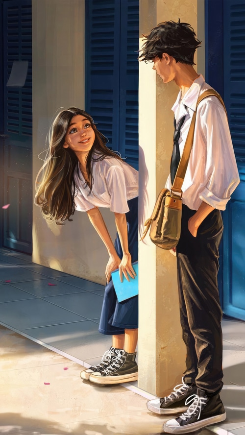 Couple in school uniforms by blue shutters