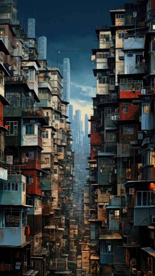 Digital art of a dense, futuristic cityscape