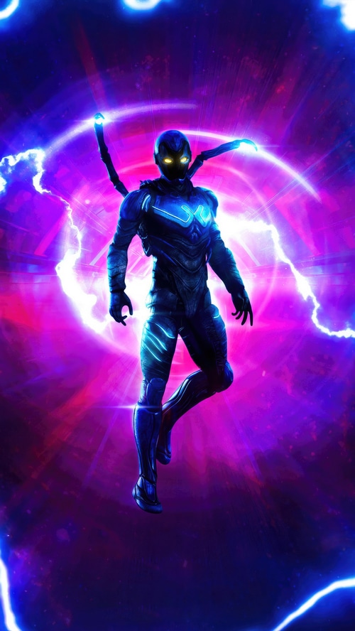 Blue Beetle in a purple and pink energy vortex