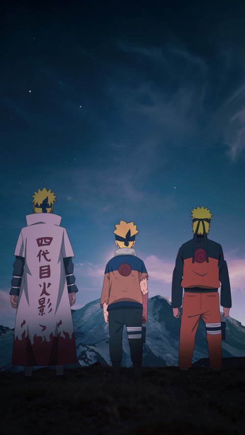 Naruto, Minato, and Boruto under the night sky