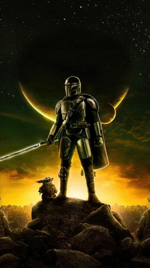 The Mandalorian and Grogu with a lightsaber