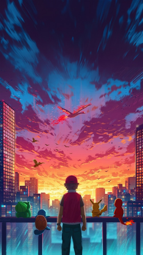 Pokemon trainer and starters overlooking a city at sunset
