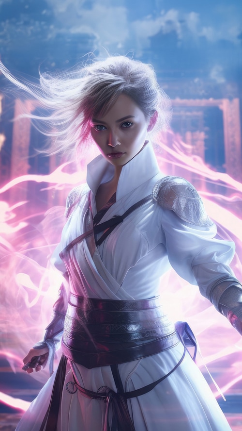Woman in white robes with pink energy