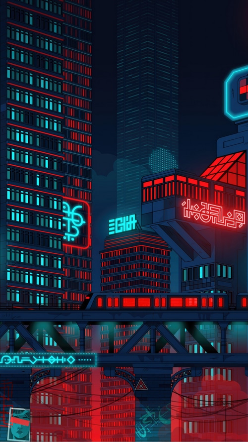 Sci-fi city with neon lights and skyscrapers
