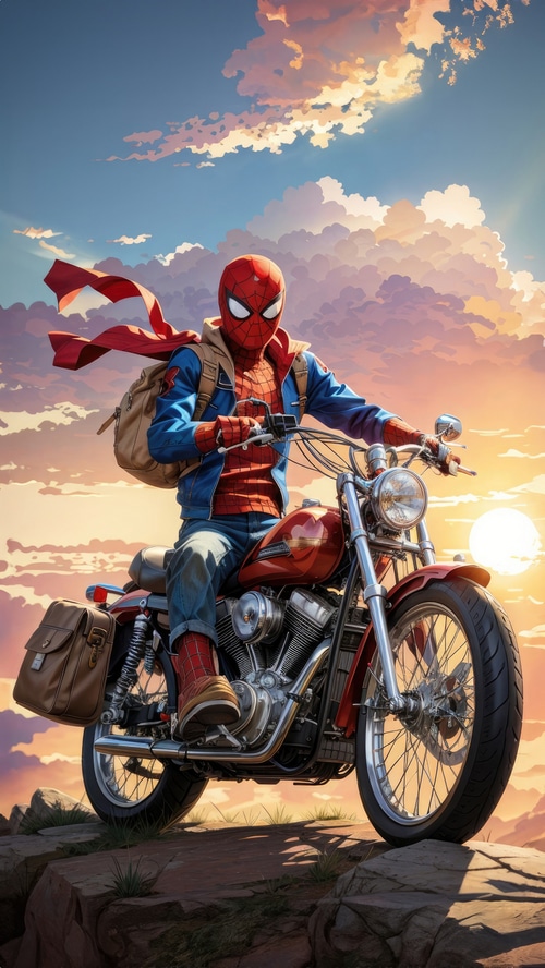 Spiderman riding a motorcycle at sunset