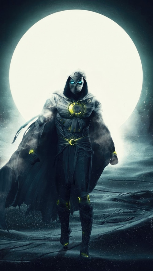 Moon Knight standing in front of a large moon