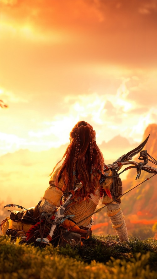 Horizon Forbidden West Aloy with bow at sunset