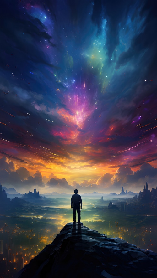Man standing on a mountain overlooking a city and galaxy