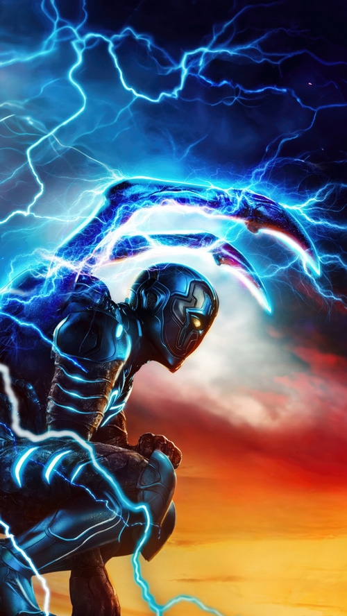Blue Beetle surrounded by blue lightning