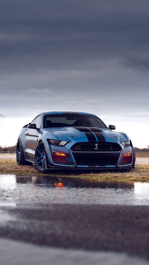 Blue Ford Mustang Shelby GT500 with Black Stripes