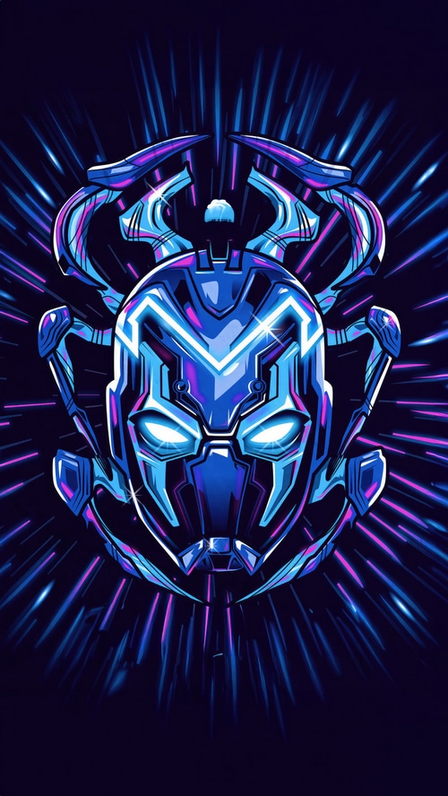 Blue Beetle superhero logo with glowing eyes
