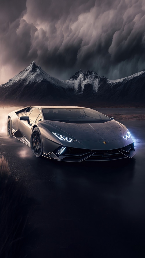 Lamborghini Huracan on a stormy mountain road