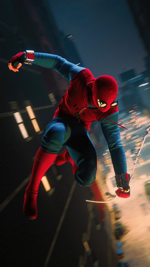 Spider-Man swinging through a city at night