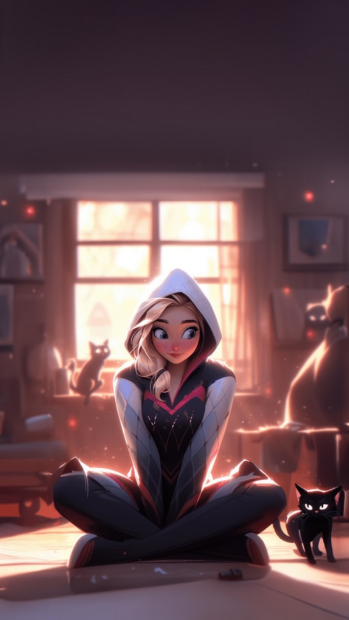 Gwen Stacy in a hoodie with cats