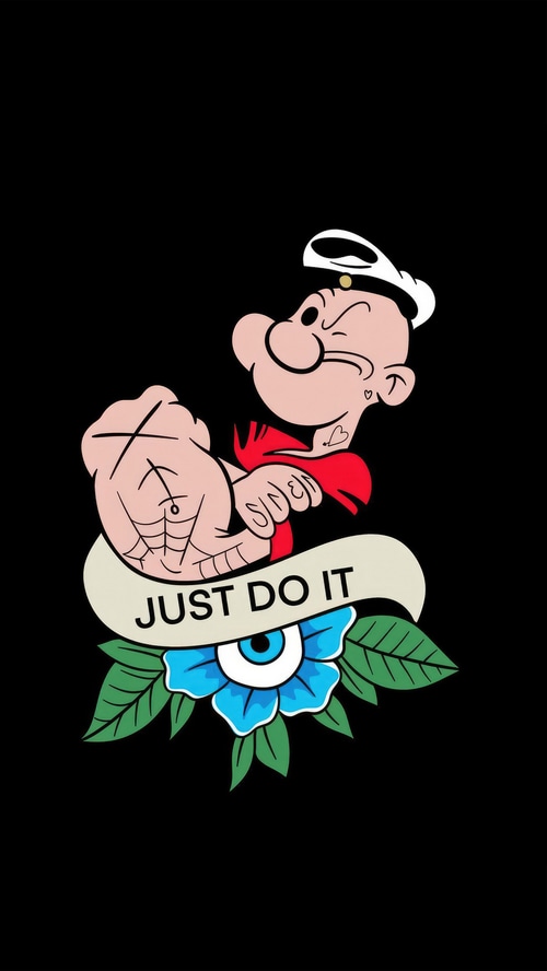 Popeye with "Just Do It" tattoo and flower