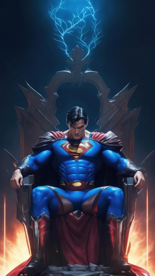 Superman sitting on a throne with lightning