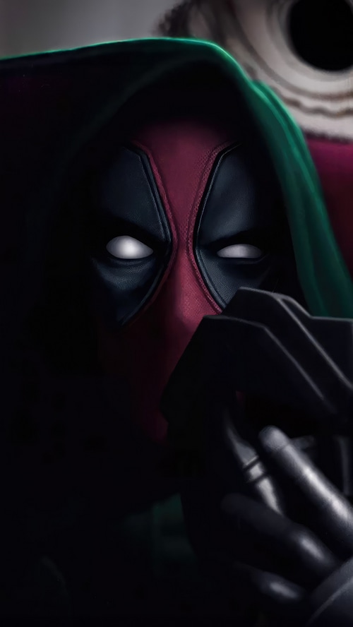 Deadpool wearing a green hood and black gloves