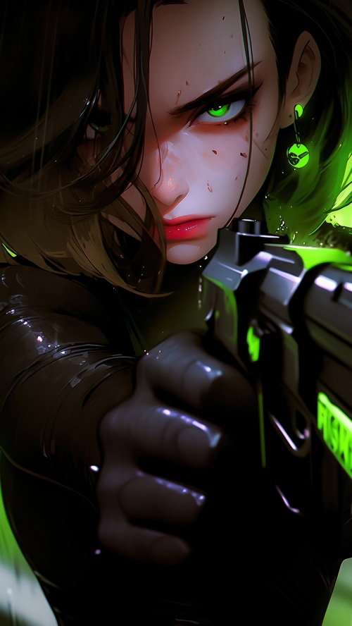 Woman aiming a gun with green eyes