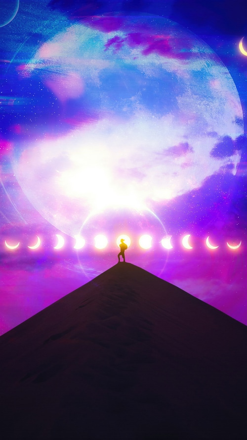 Digital art of a person on a hill with moon phases