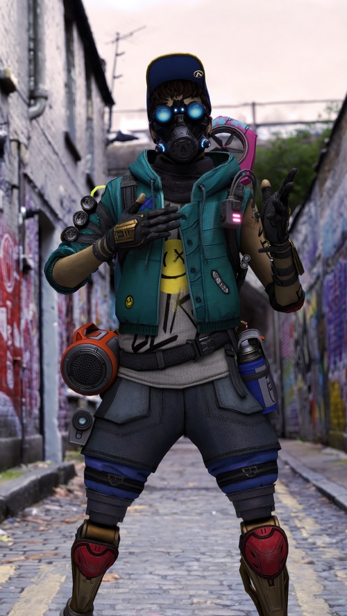 Artwork of a character with a mask and gas mask