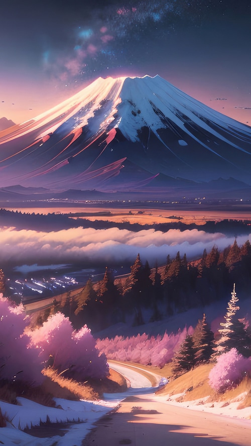 Mount Fuji at twilight with a starry sky