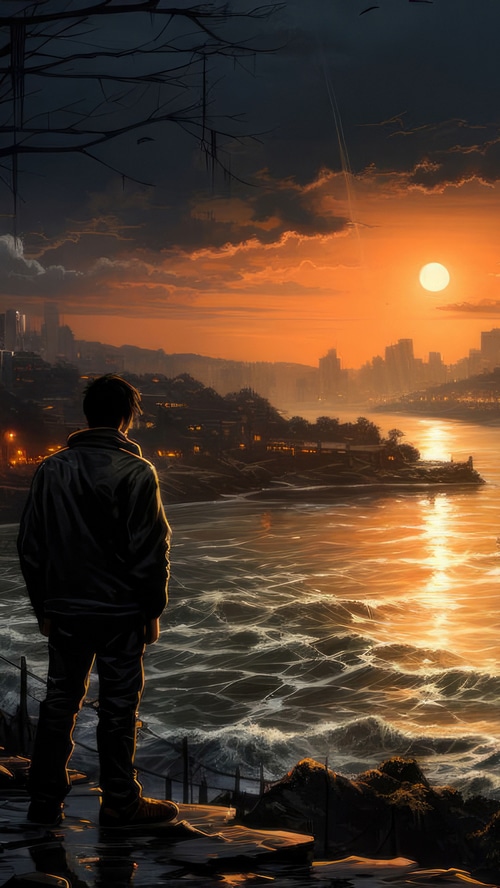 Man overlooking a city at sunset