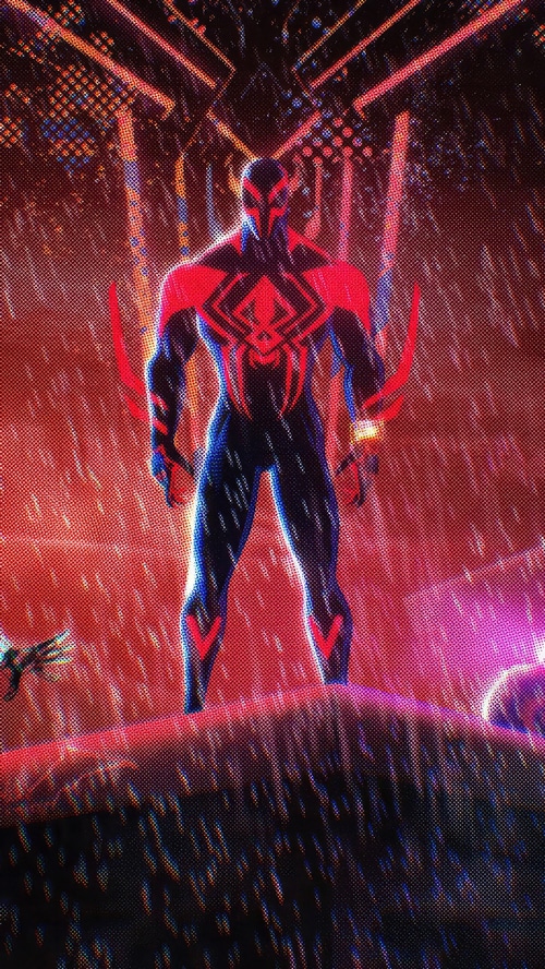 Spider-Man 2099 standing in a red, rainy environment