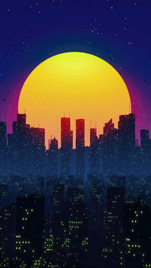 Retrowave cityscape with a large sun