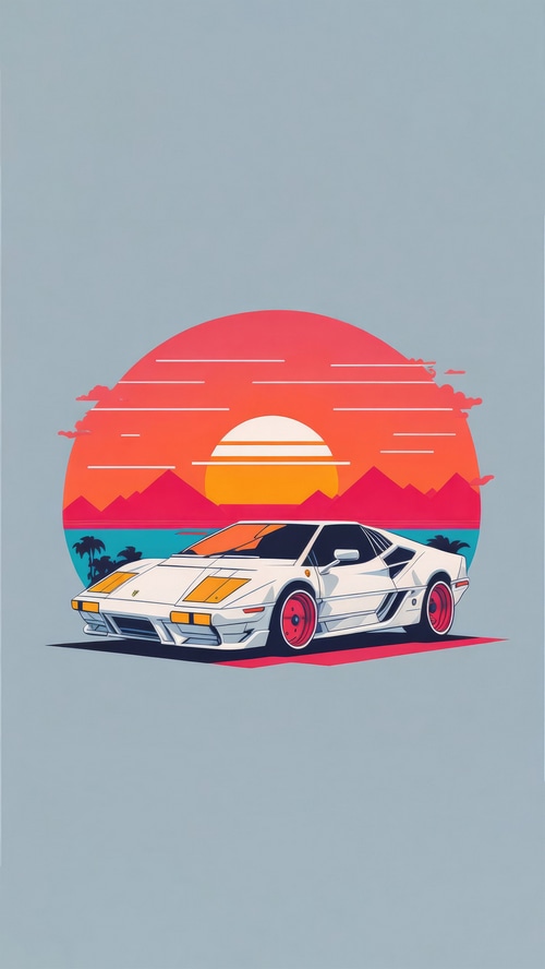 Minimalist Artwork of a White Sports Car at Sunset