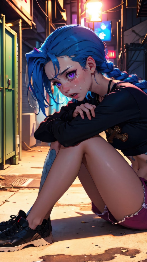 Jinx from Arcane crying in an alley