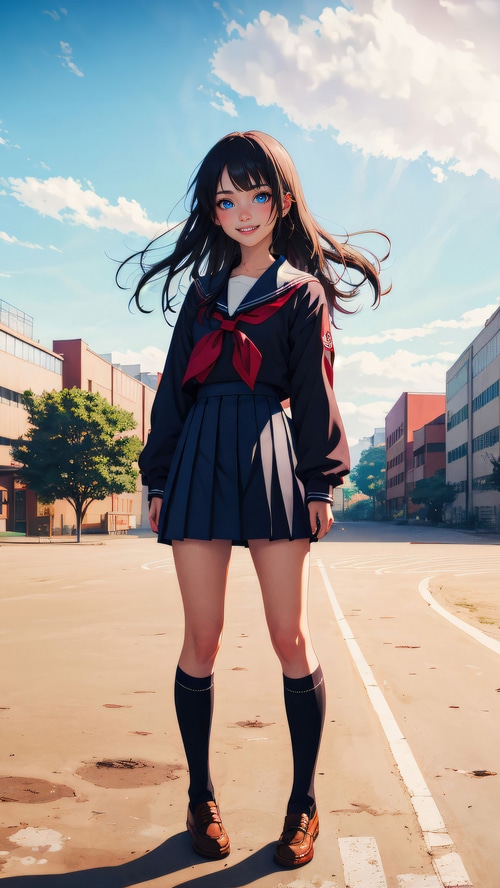 Anime girl in school uniform standing outdoors