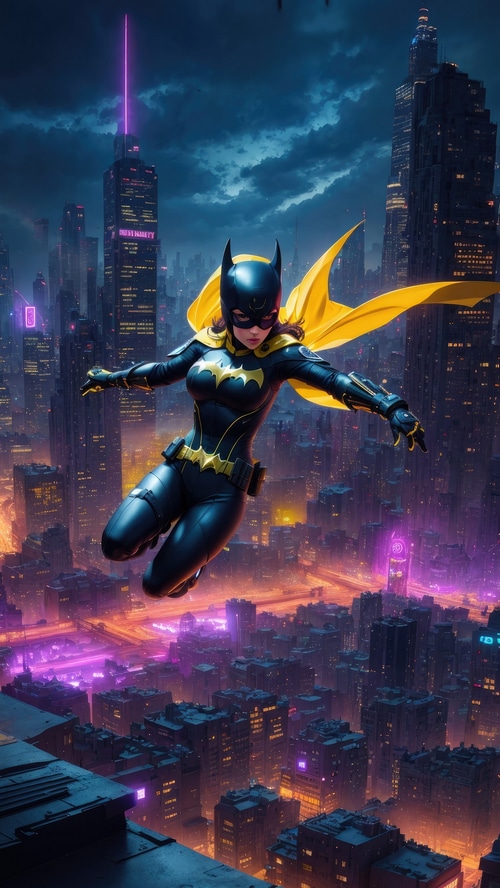 Batgirl flying over a neon city at night