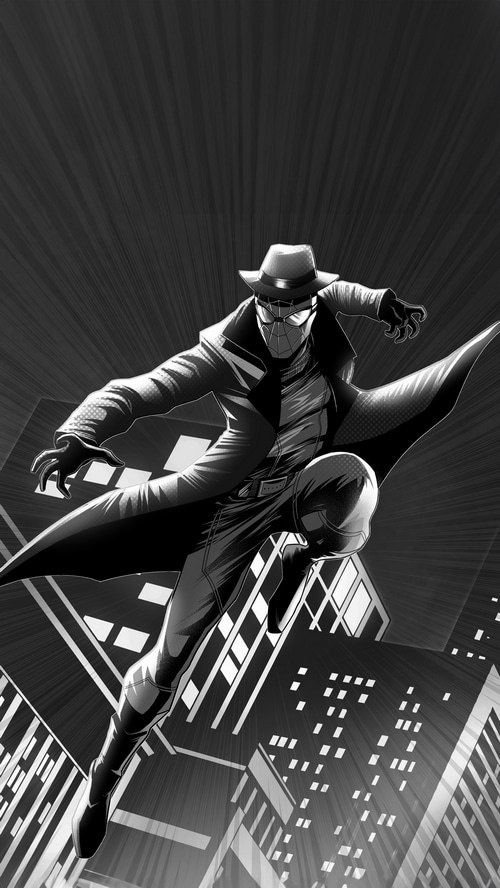 Spider-Man Noir leaping over a city skyline