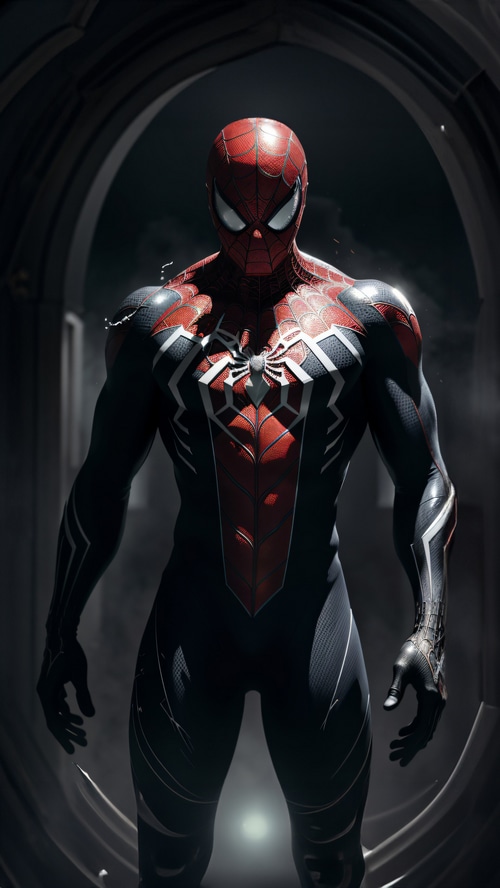 Spiderman in a dark, arched doorway