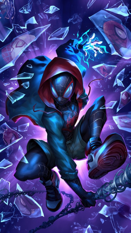 Miles Morales Spider-Man surrounded by shattered glass