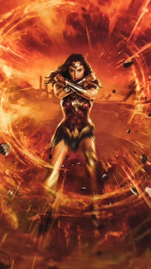 Wonder Woman in a fiery explosion