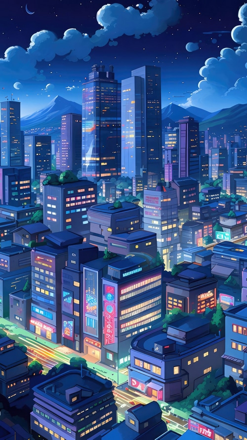 Anime cityscape at night with mountains