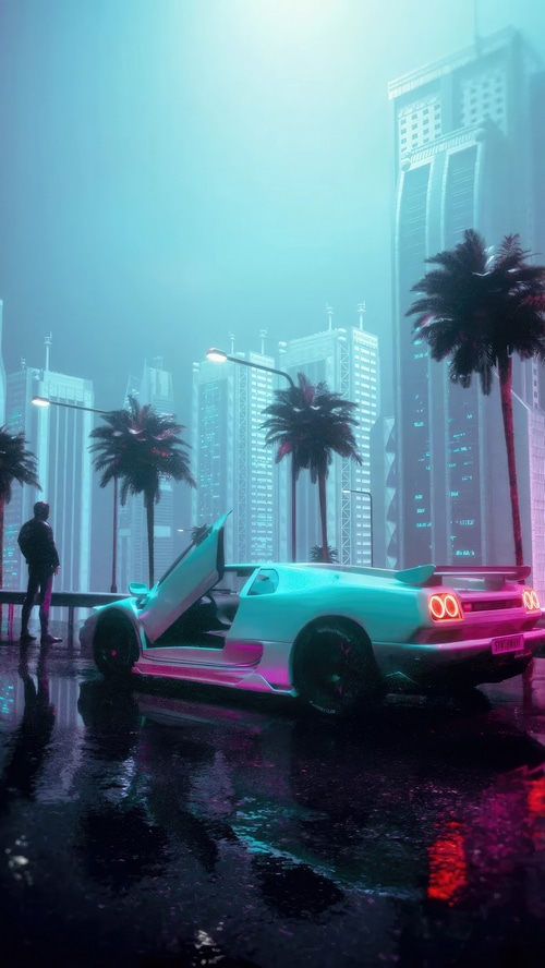 Digital Art of a Futuristic Cityscape with a Sports Car