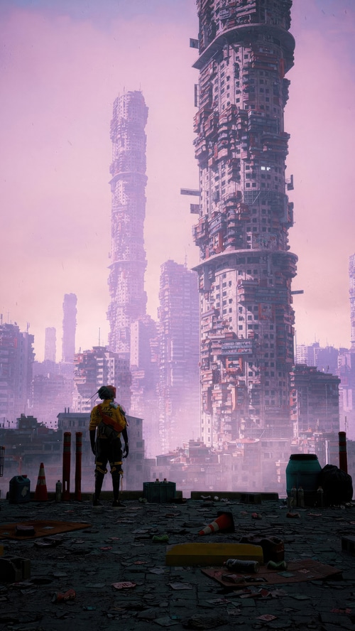 Cyberpunk city with a lone figure overlooking skyscrapers