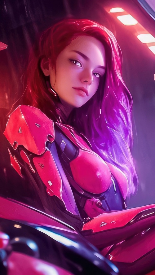 AI girl in pink and purple futuristic armor