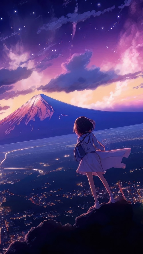 Anime girl looking at Mount Fuji at night