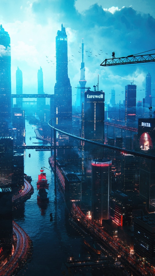 Couple on a crane overlooking a futuristic city