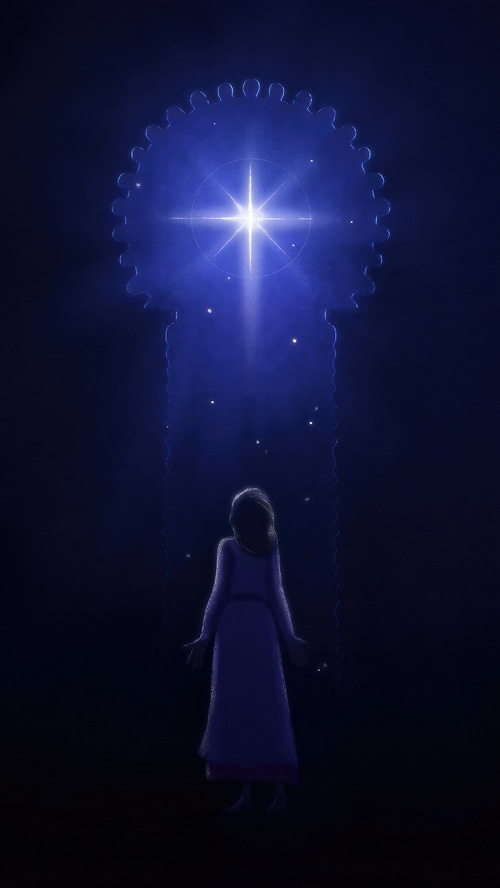 Girl looks up at a glowing star through a decorative archway