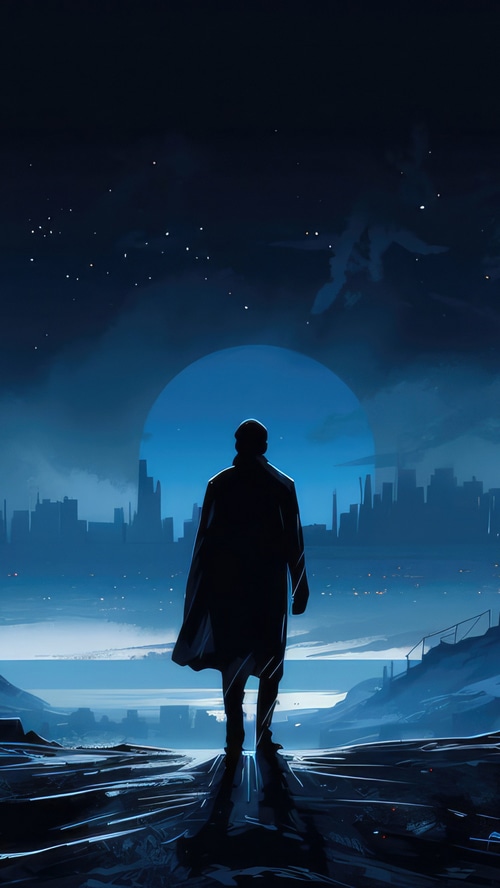 Man in trench coat facing a futuristic city at night