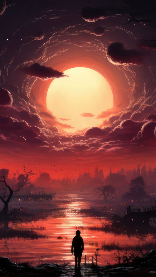 Digital artwork of a lone figure by a red river under a large moon