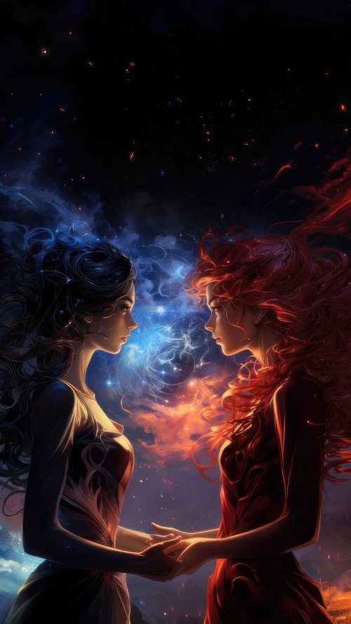 Two women with flowing hair in a cosmic background