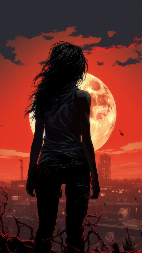 Woman standing in front of a large moon during sunset
